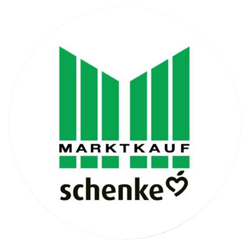 Logo von Marktkauf mit grünen Balken, darunter der Text "schenke" mit einem stilisierten Herz-Symbol.