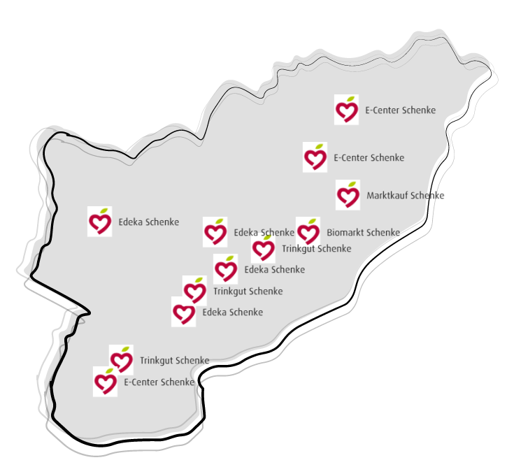 Karte mit Standorten mehrerer Geschäfte, die "Schenke" im Namen tragen, darunter Edeka Schenke, E-Center Schenke, Trinkgut Schenke, Biomarkt Schenke und Marktkauf Schenke, verteilt auf eine gezeichnete Region.