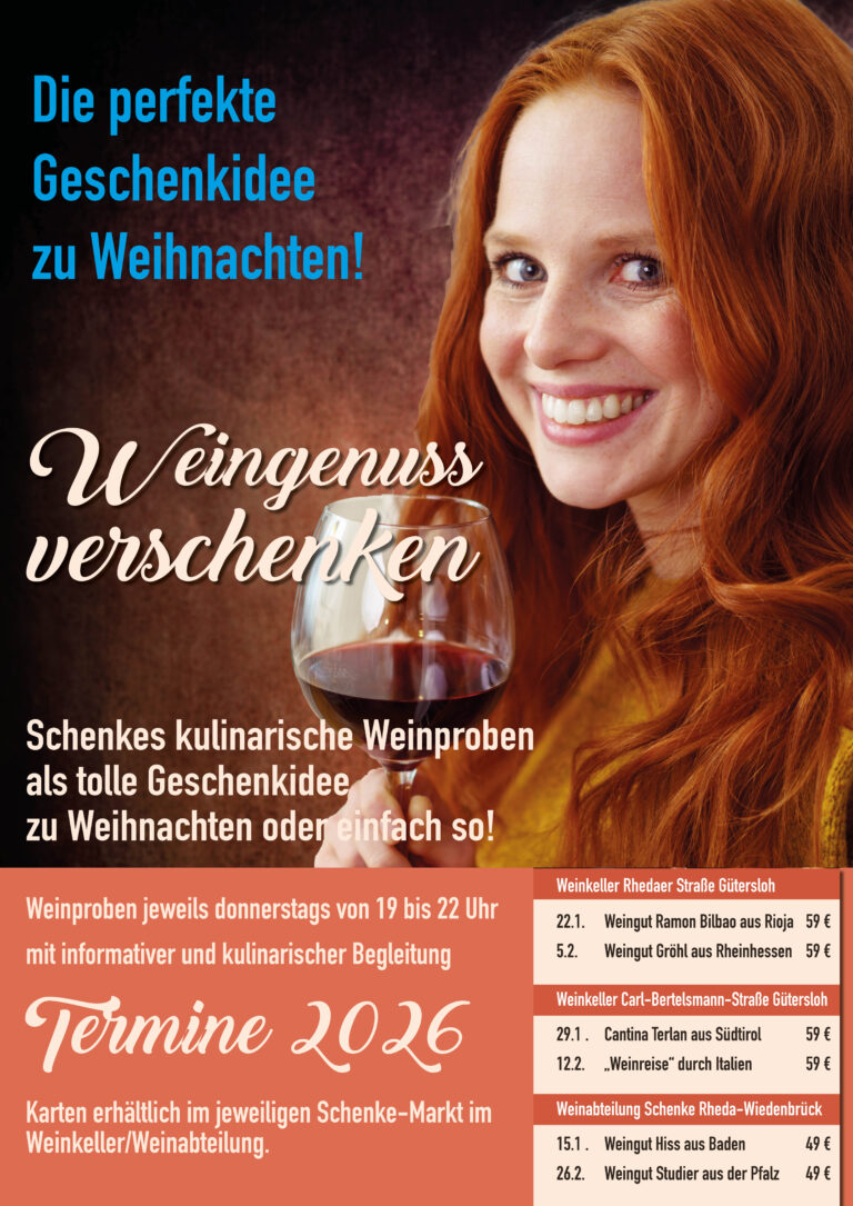 Plakat für Weinproben als Weihnachtsgeschenkidee im Jahr 2026, zeigt eine lächelnde Frau mit einem Glas Rotwein; Termine und Veranstaltungsorte für die Weinproben sind angegeben, einschließlich Weingüter und Preise pro Person.