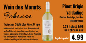 Wein des Monats Februar: Pinot Grigio Valdadige. Angebotspreis 4,99 € statt 6,99 € für 0,75 l.